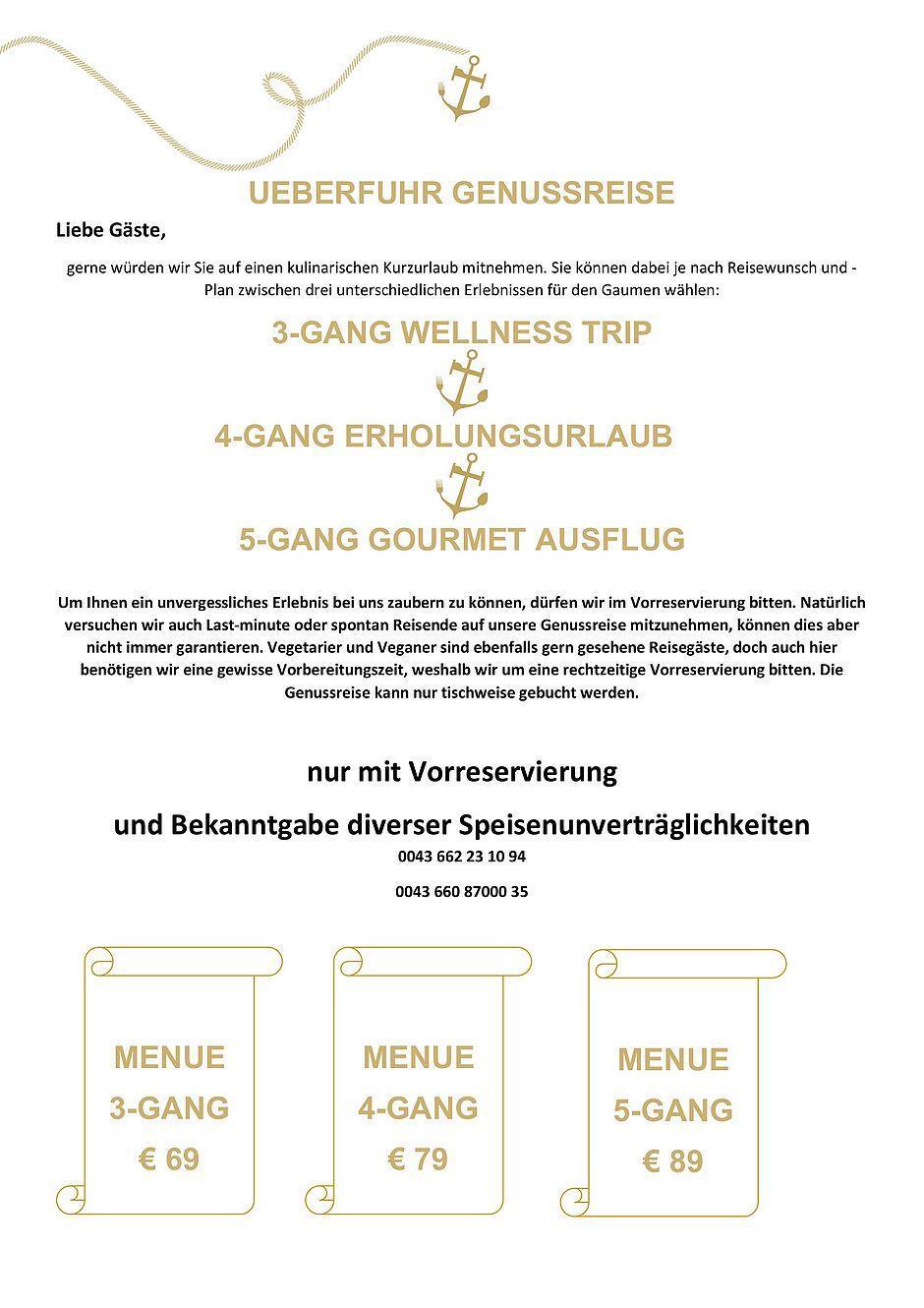Kulinarische Reisemenüoptionen, Drei- bis Fünf-Gang-Menüs mit Preisen
