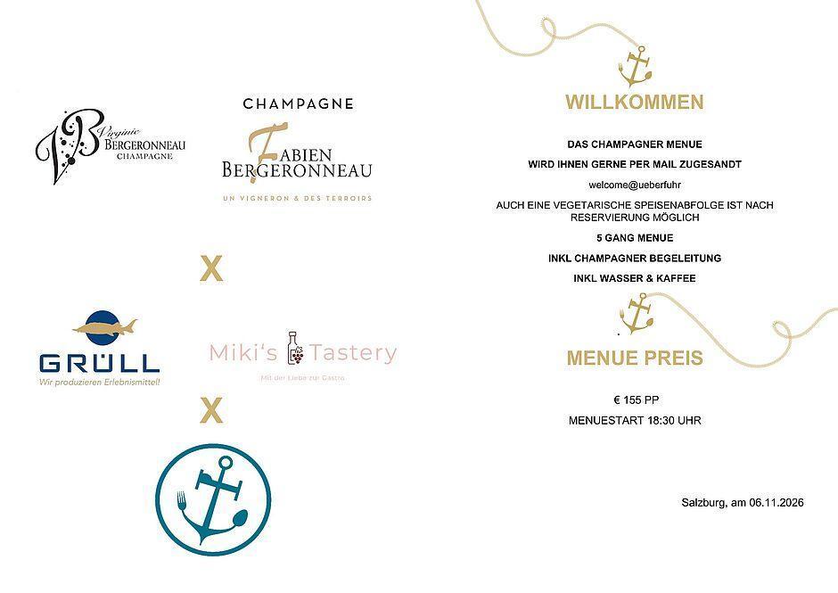 Einladung zum Champagner-Menü mit Bergeronneau-Marken und Speiseinformationen